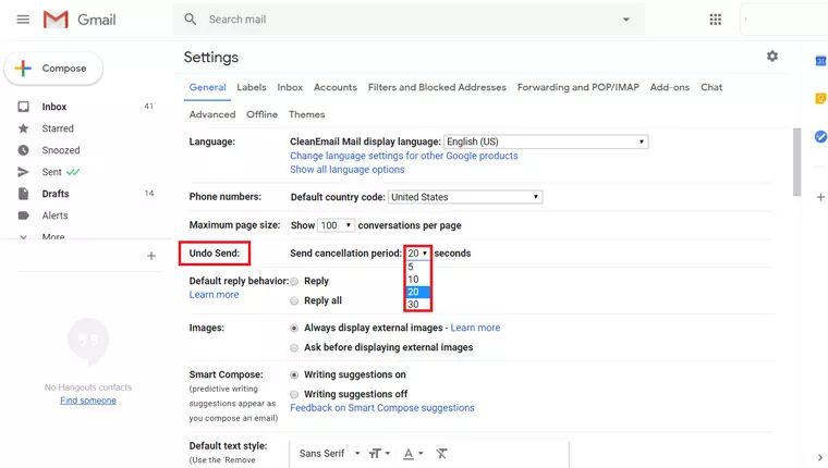 Setting time to unsend an email in Gmail