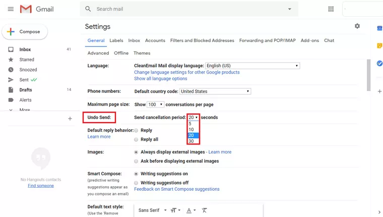 Setting time to unsend an email in Gmail 