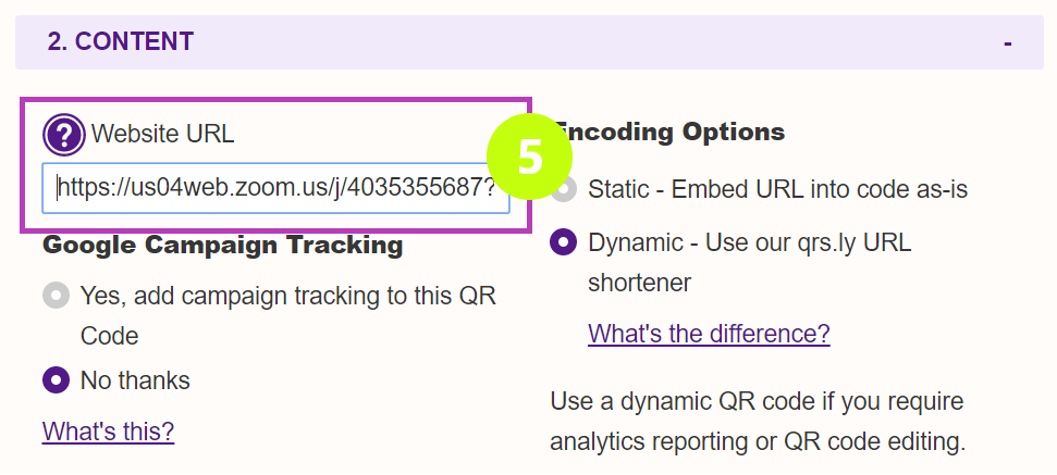 Pasting zoom meeting link in Website URL column of Content session