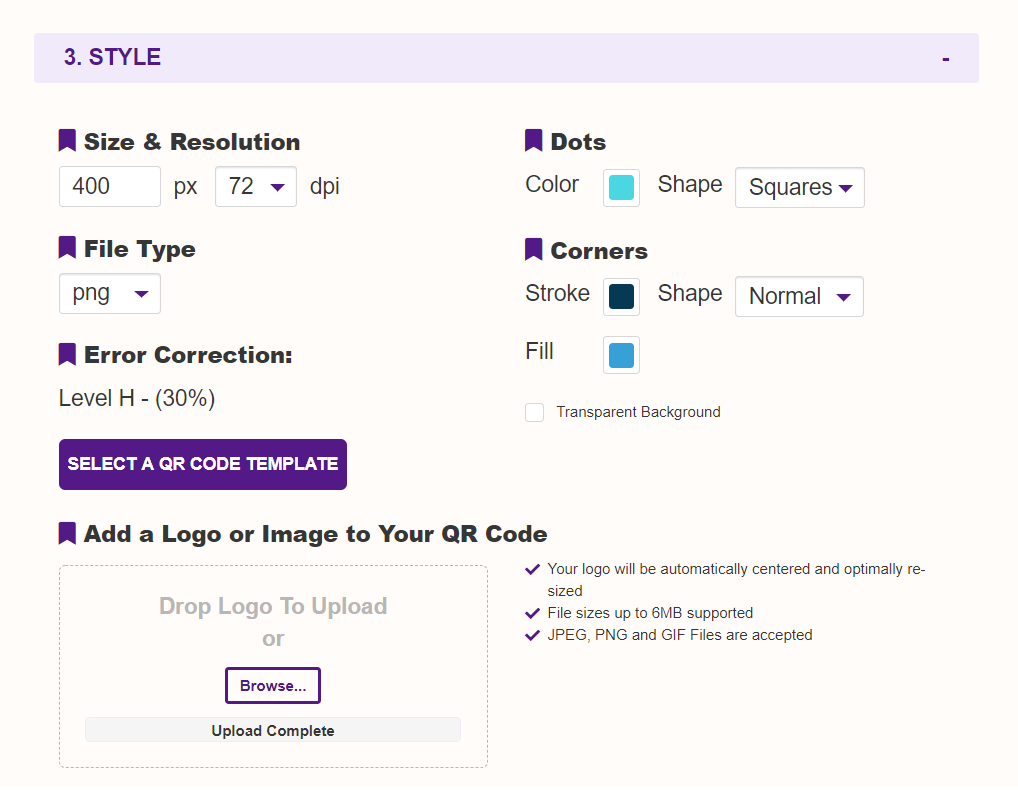 Styling options list to give a fancy look to QR code