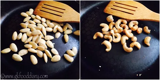 Dry roasting soaked & peeled almonds and cashew nuts in a pan