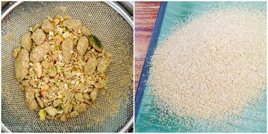 Sieving almond, cashew and pistachio powder in a sieve