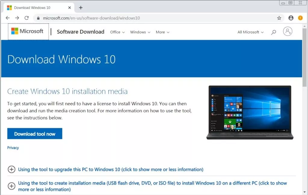 Downloading Windows 10 tool from Microsoft Webpage