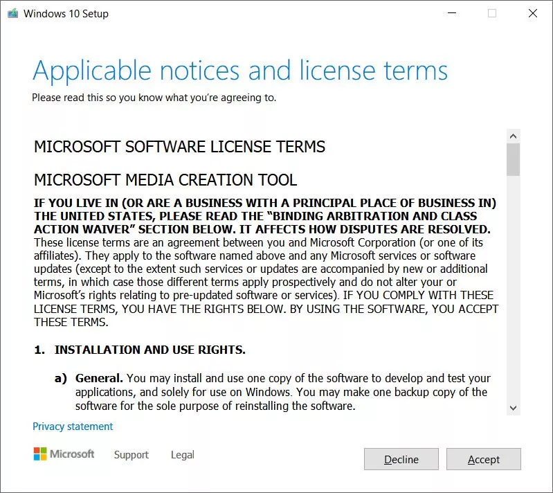 Accept the license terms of Microsoft in order to proceed for further installation