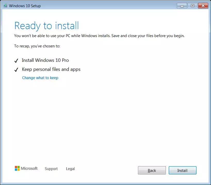 Check both the boxes: Install Windows 10 Pro & keep personal files and apps