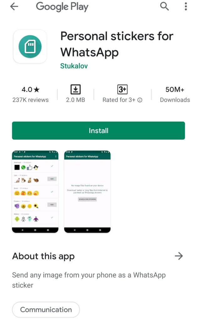 Personal Stickers app by Google Playstore